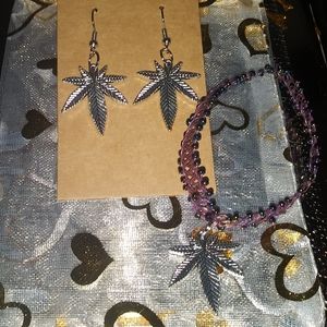 Marijuana leaf charm choker necklace and earring b